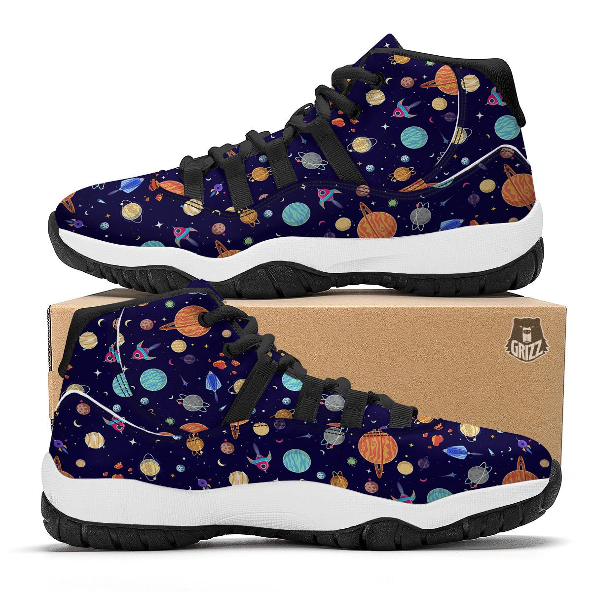 Planet Print Pattern Black Bball Shoes-grizzshop