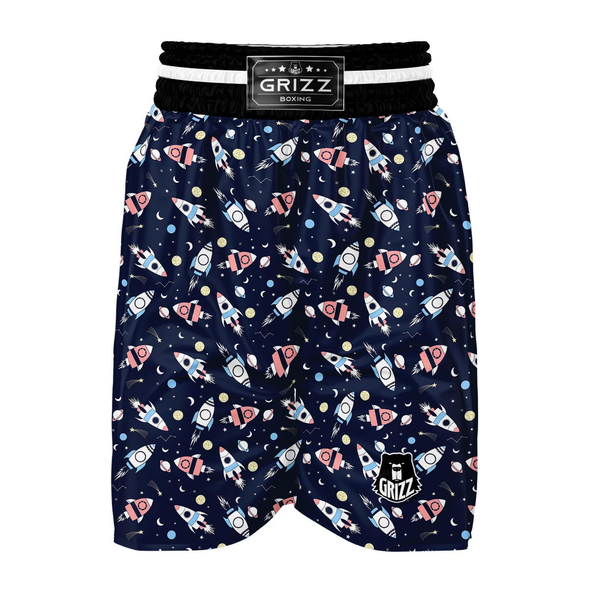 Planet Spaceship Pattern Print Boxing Shorts-grizzshop
