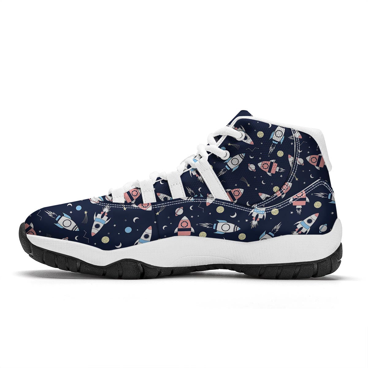 Planet Spaceship Pattern Print White Bball Shoes-grizzshop