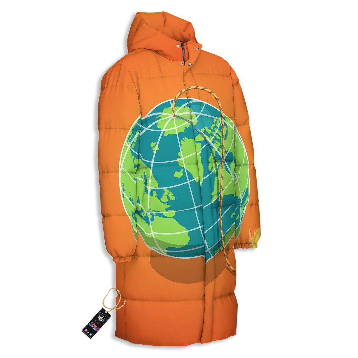 Planet Earth With Burning Fuse Orange Print Long Down Jacket