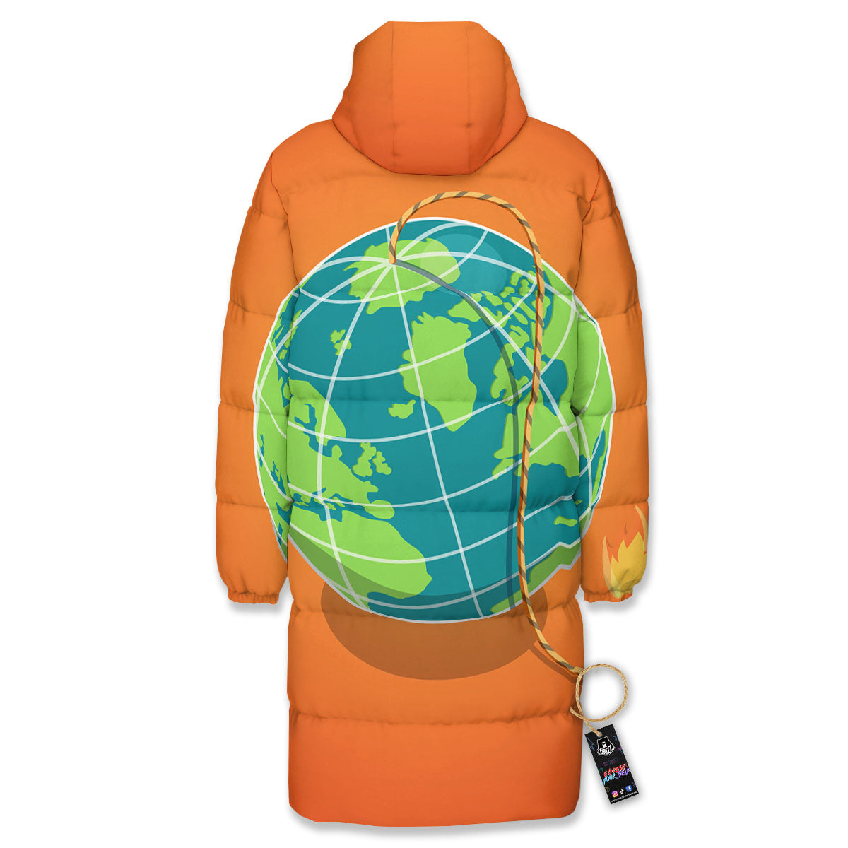 Planet Earth With Burning Fuse Orange Print Long Down Jacket