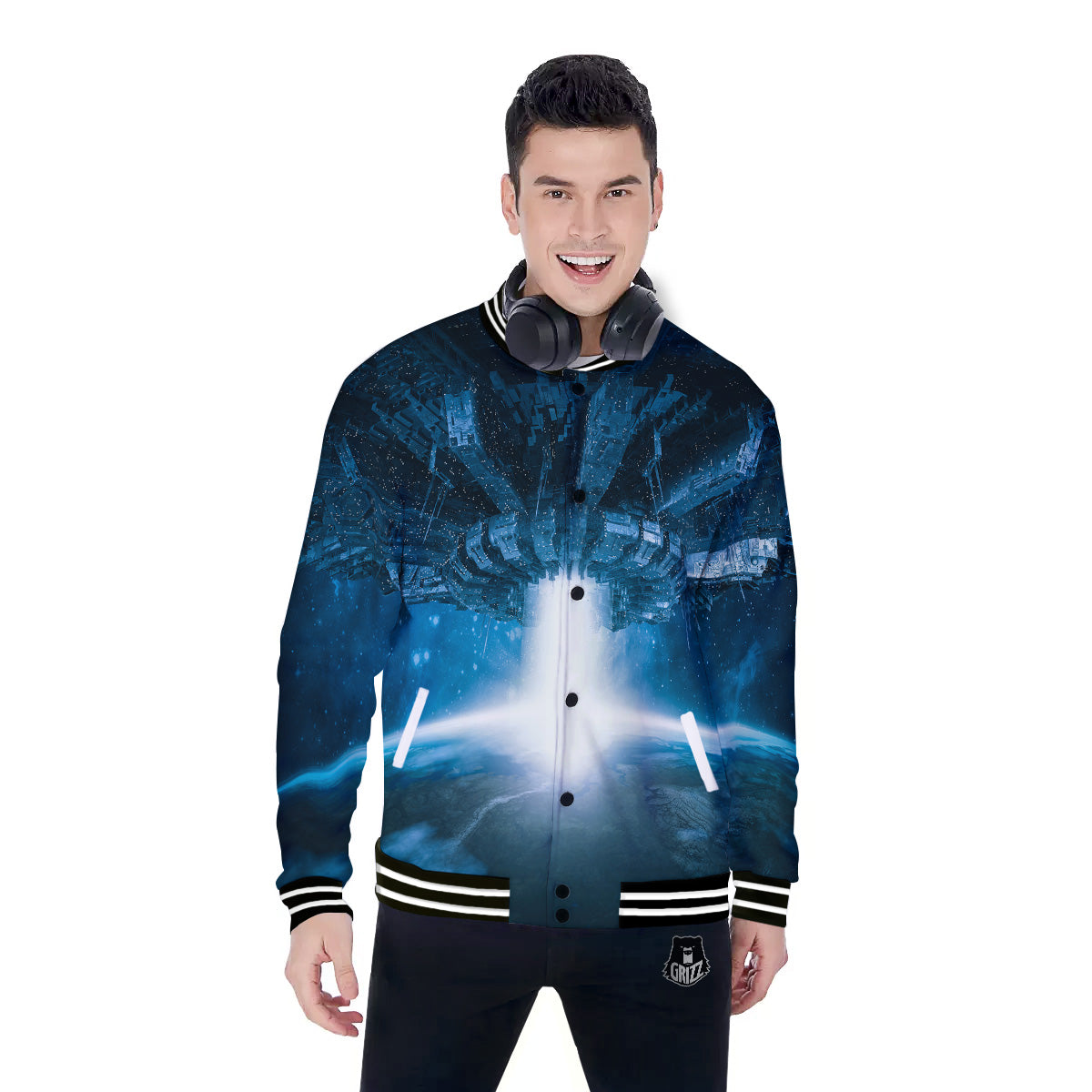 Planetary Invasion Print Baseball Jacket-grizzshop
