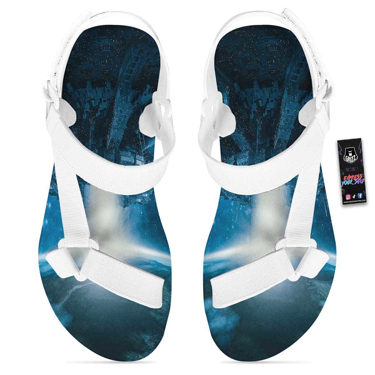 Planetary Invasion Print White Open Toe Sandals-grizzshop
