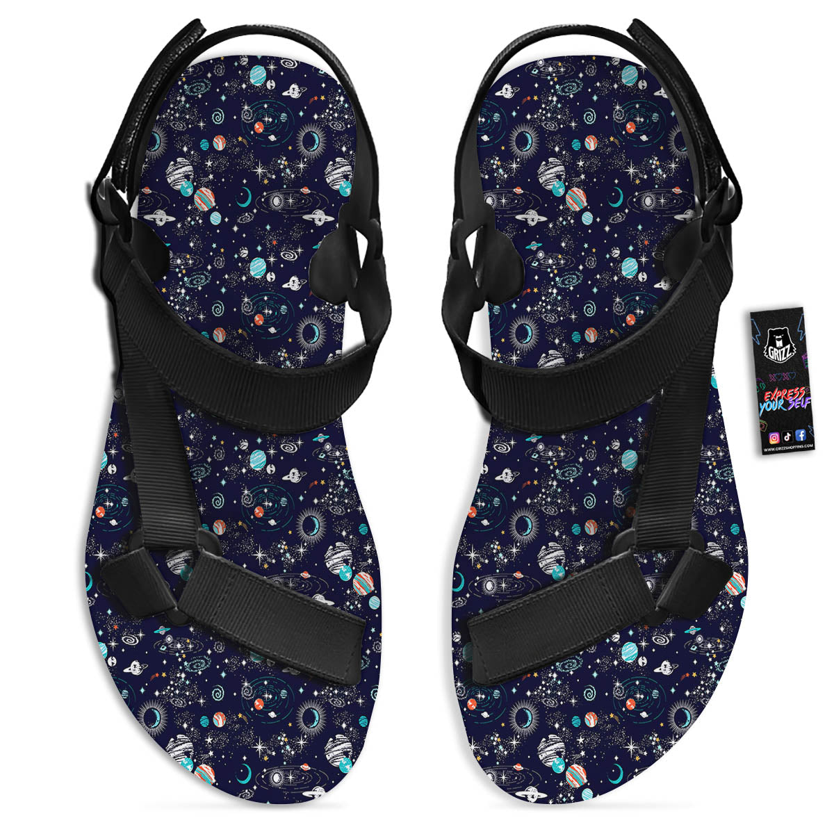 Planets And Constellations Print Pattern Black Open Toe Sandals-grizzshop