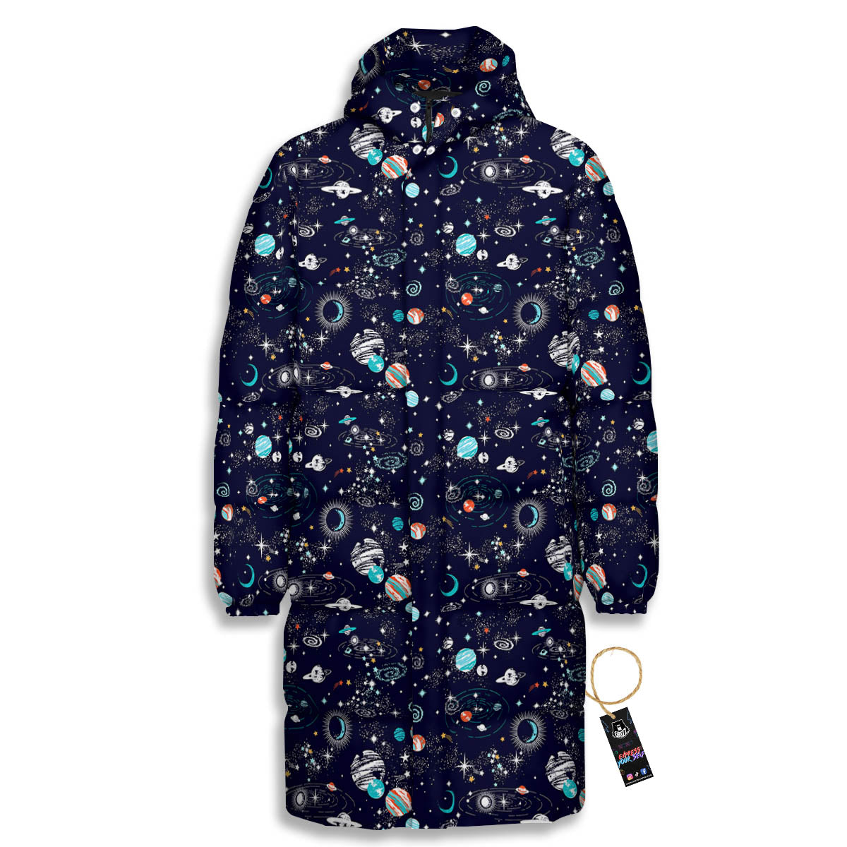 Planets And Constellations Print Pattern Long Down Jacket-grizzshop