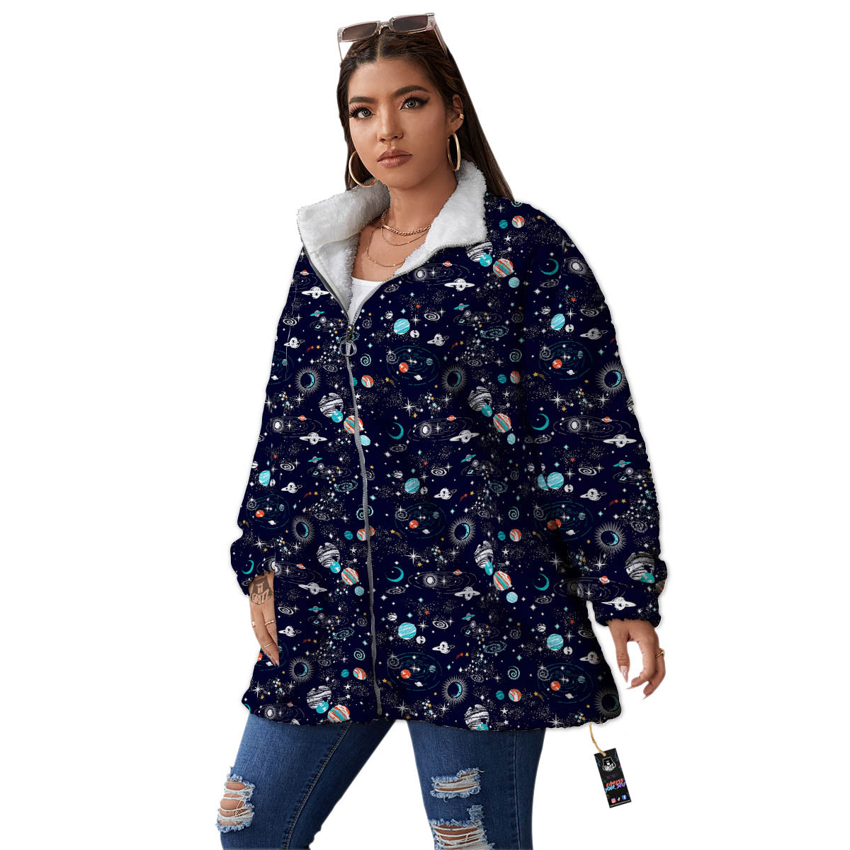 Planets And Constellations Print Pattern Women's Sherpa Jacket-grizzshop