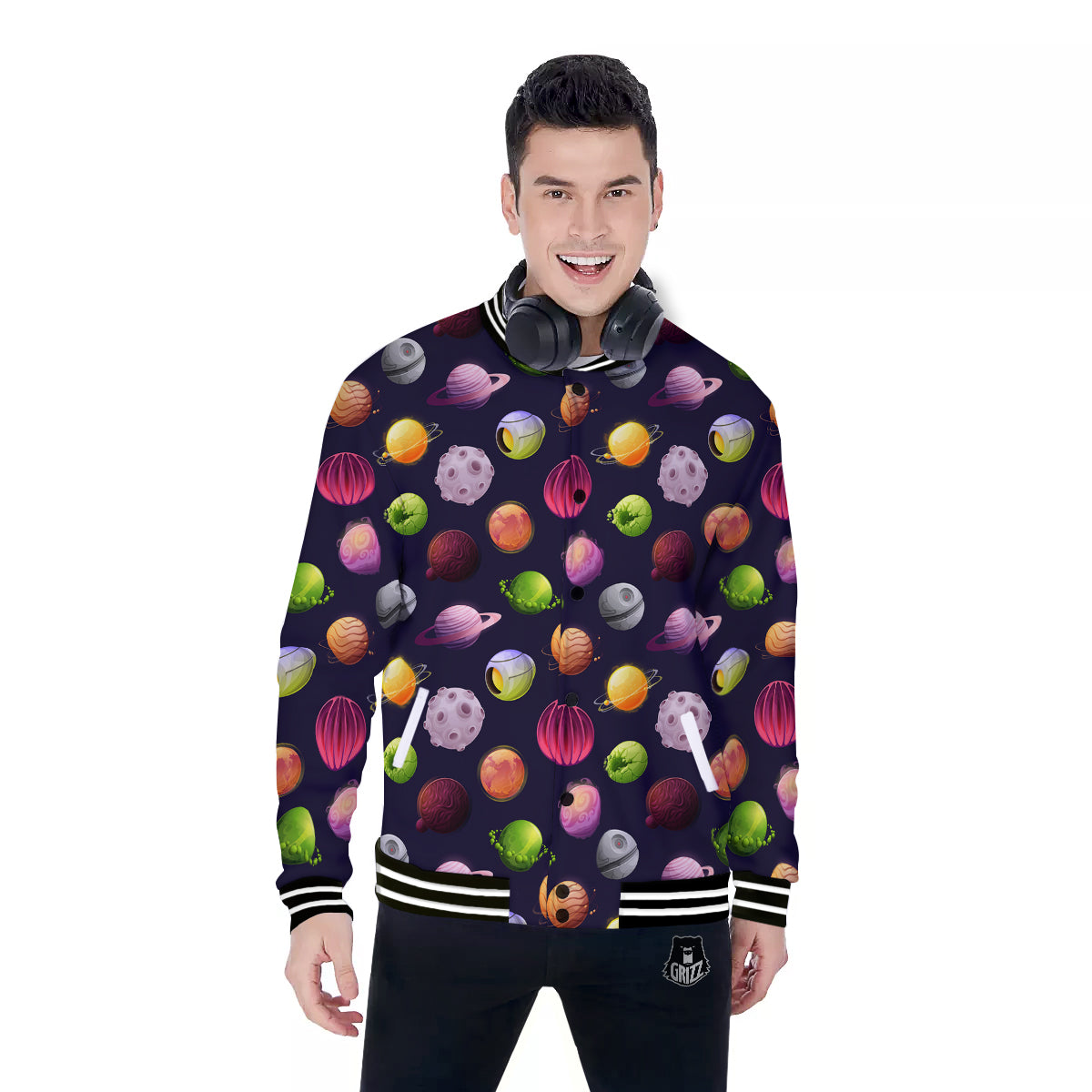 Planets And Stars Print Pattern Baseball Jacket-grizzshop