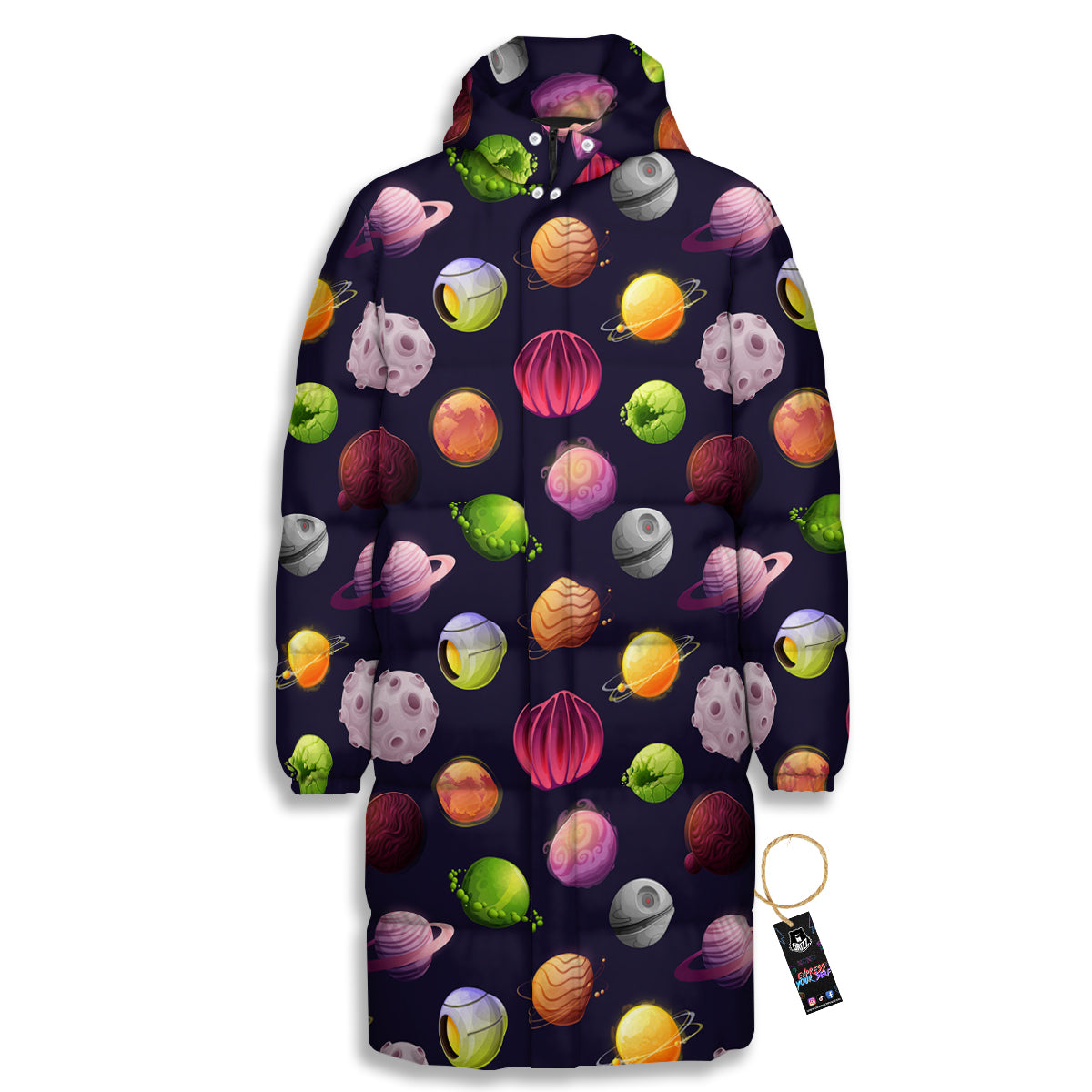 Planets And Stars Print Pattern Long Down Jacket-grizzshop
