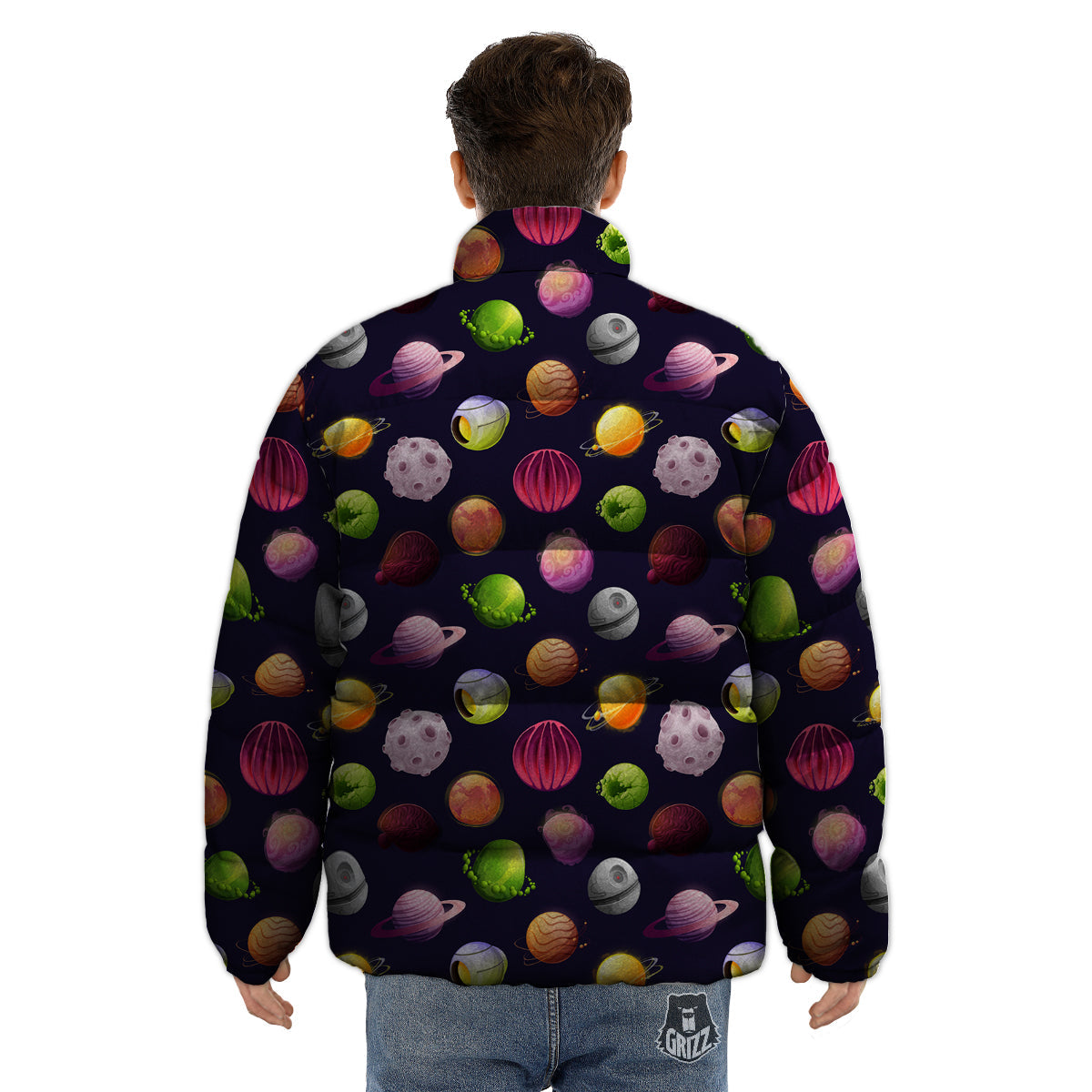 Planets And Stars Print Pattern Puffer Jacket-grizzshop
