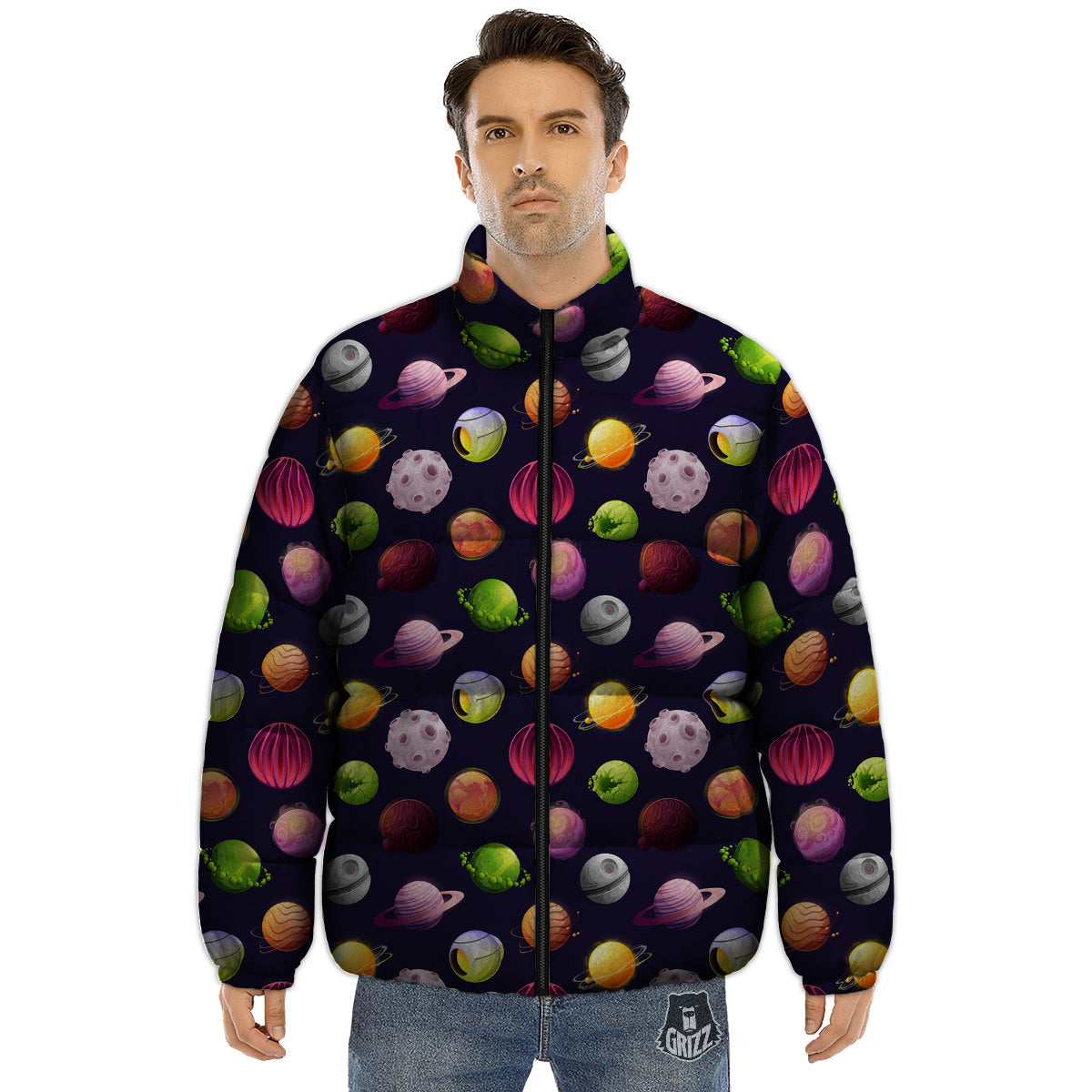 Planets And Stars Print Pattern Puffer Jacket-grizzshop
