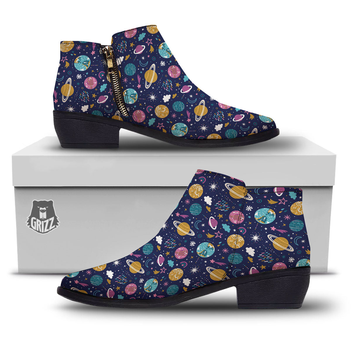 Planets Doodle Print Pattern Ankle Boots-grizzshop