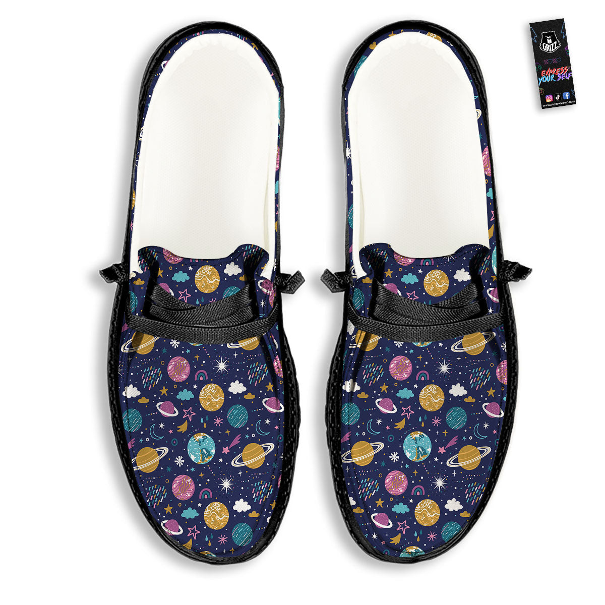 Planets Doodle Print Pattern Black Loafers-grizzshop