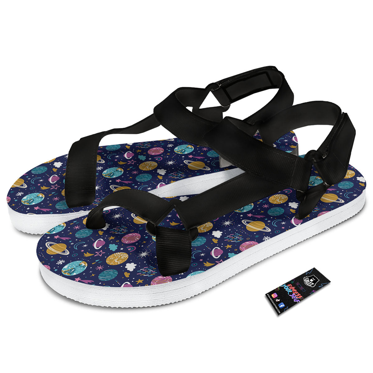 Planets Doodle Print Pattern Black Open Toe Sandals-grizzshop