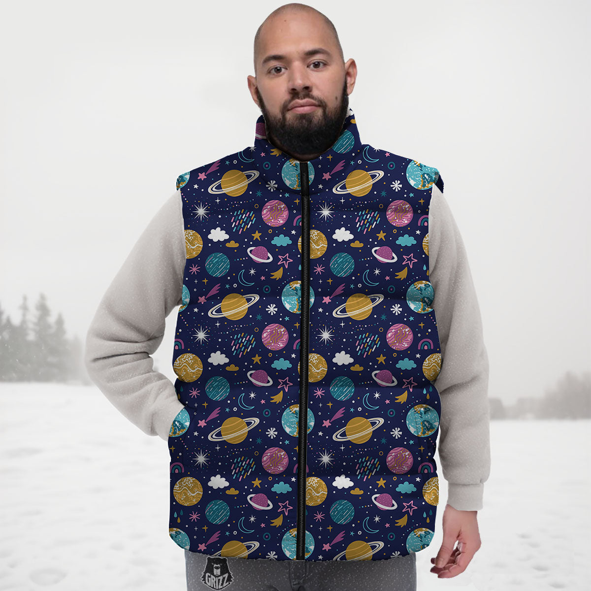 Planets Doodle Print Pattern Down Vest-grizzshop