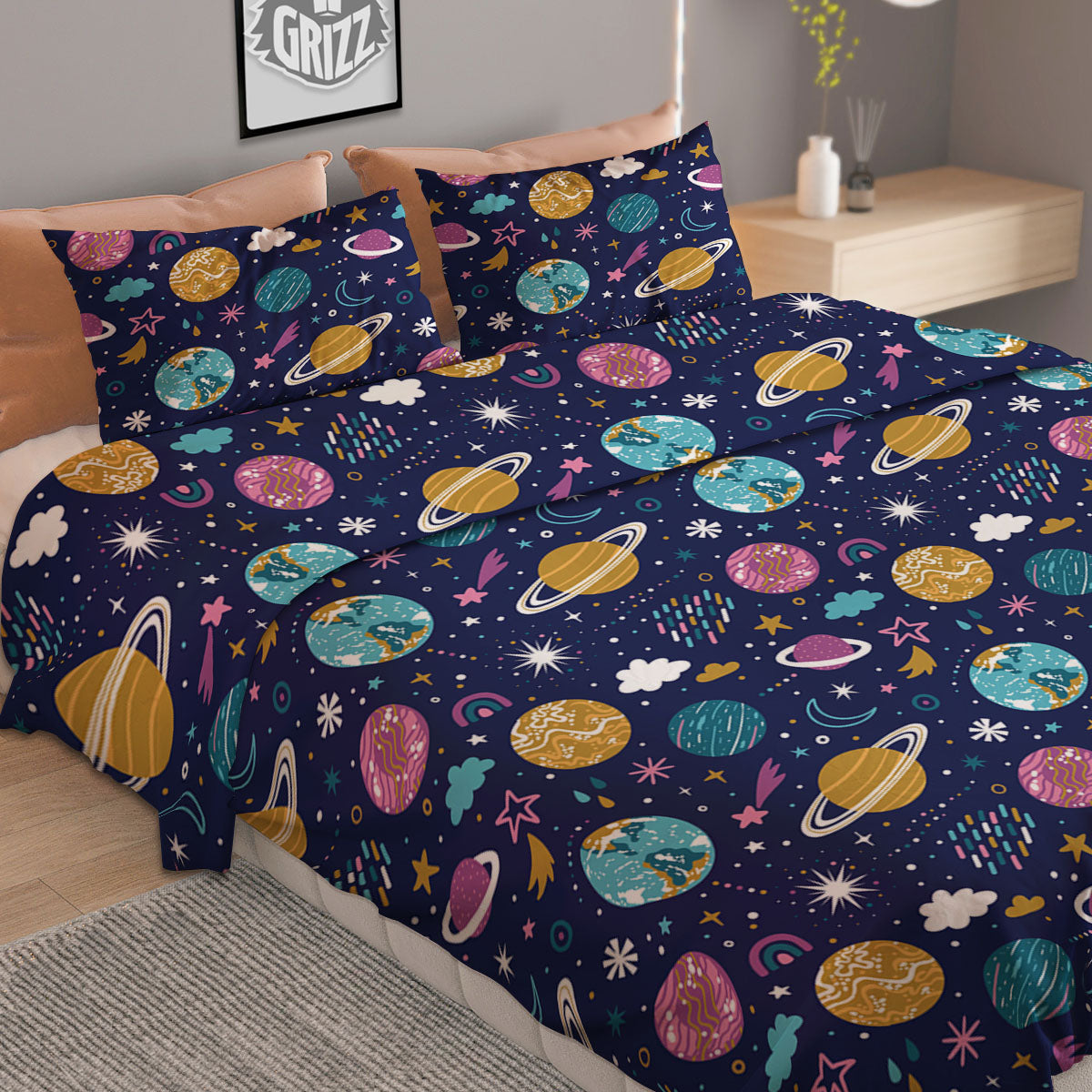 Planets Doodle Print Pattern Duvet Cover Bedding Set-grizzshop