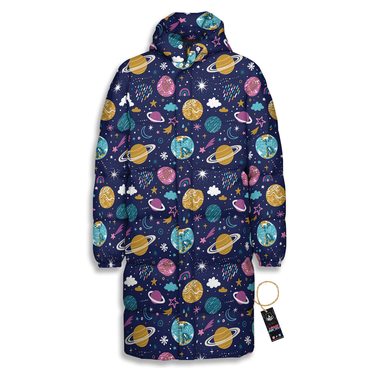 Planets Doodle Print Pattern Long Down Jacket-grizzshop