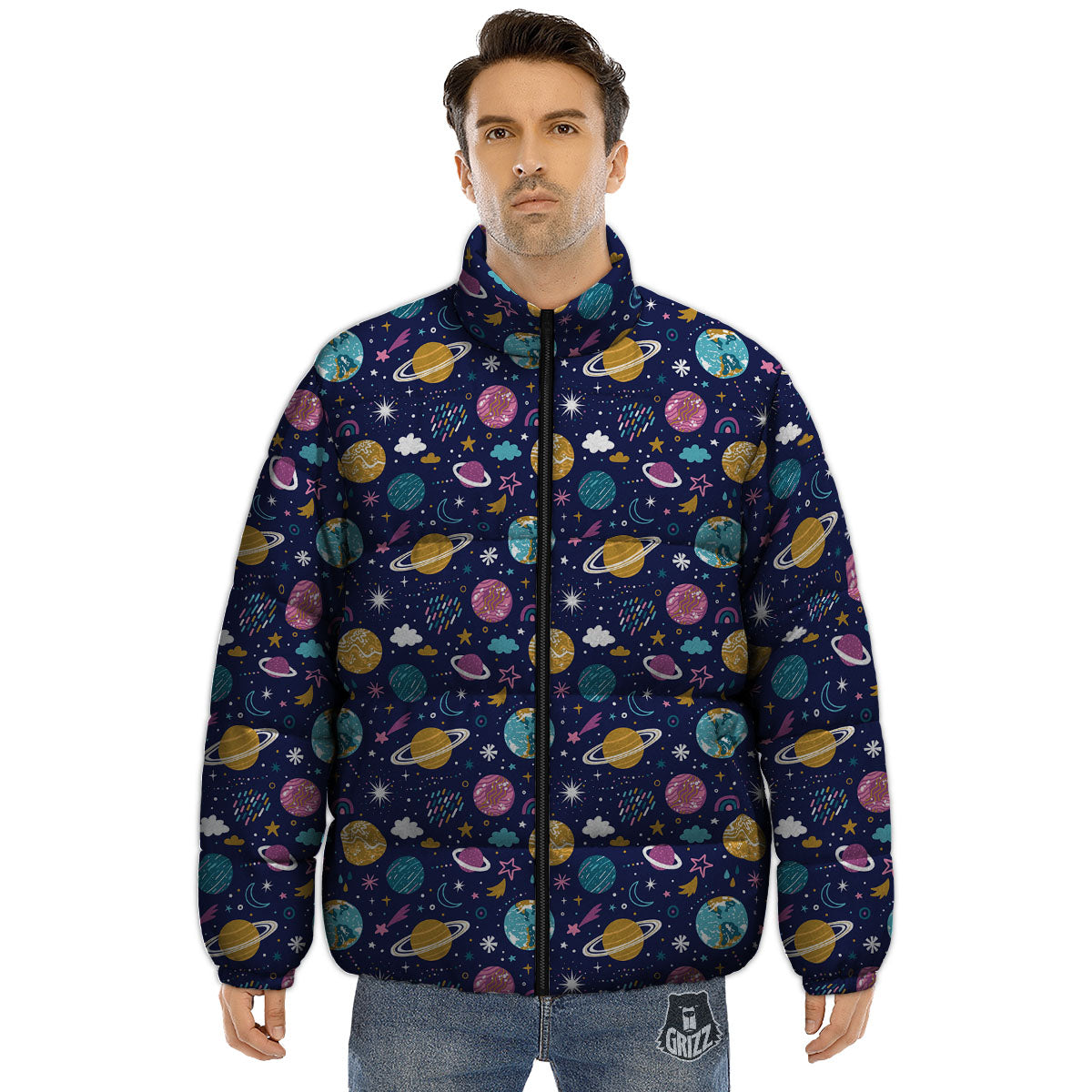 Planets Doodle Print Pattern Puffer Jacket-grizzshop