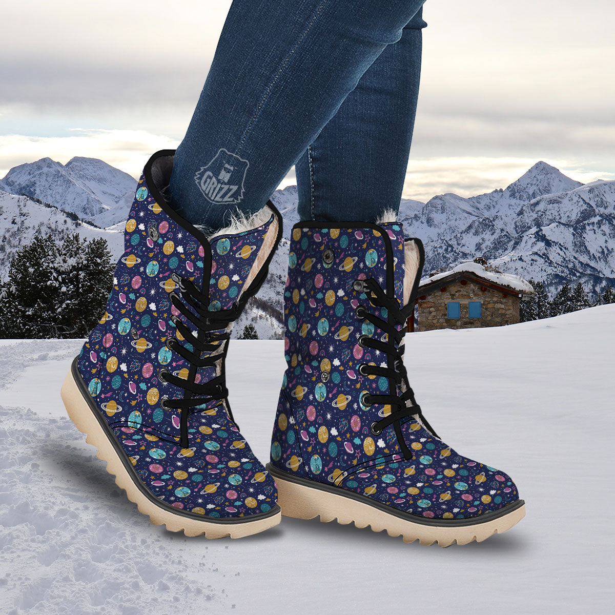 Planets Doodle Print Pattern Snow Boots-grizzshop