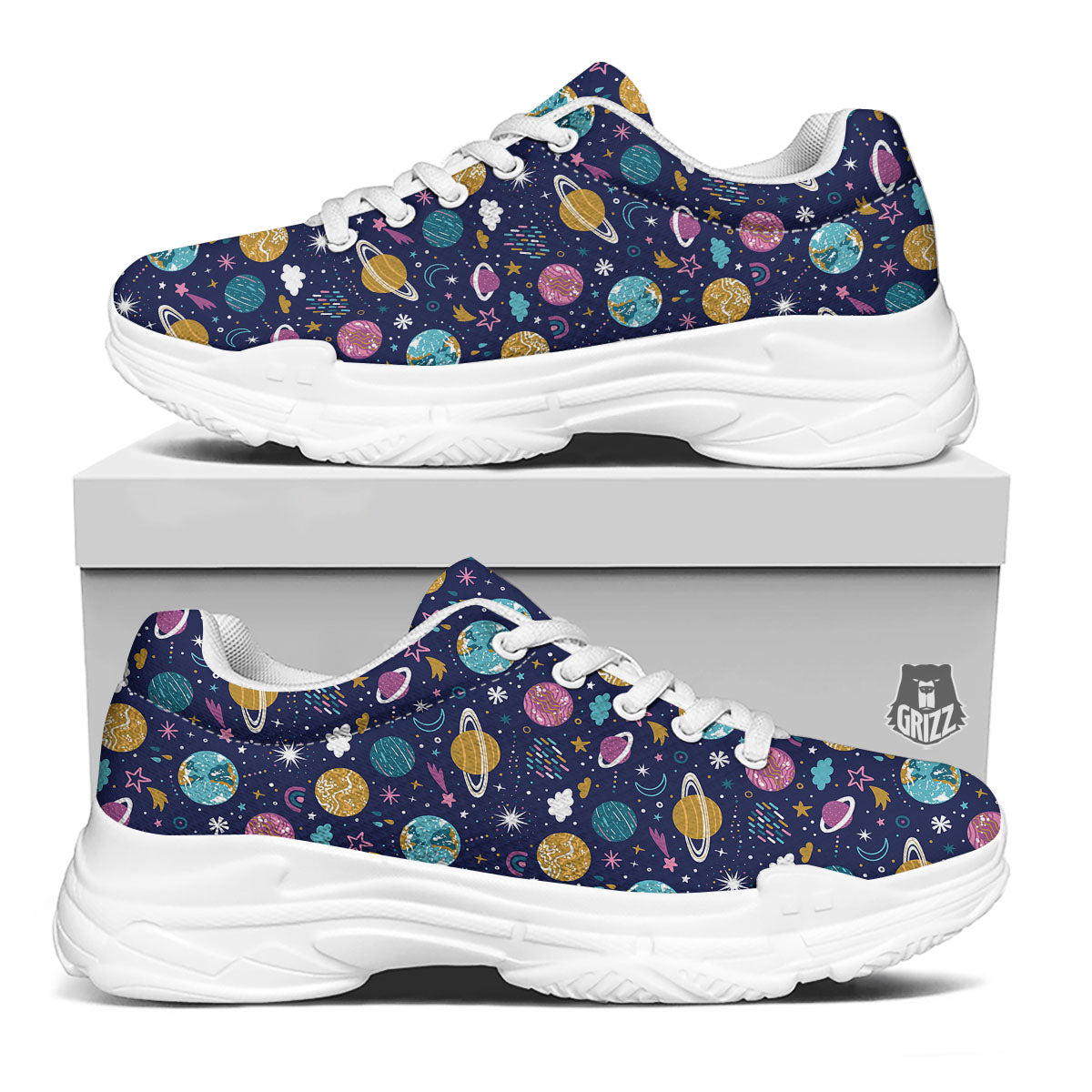 Planets Doodle Print Pattern White Chunky Shoes-grizzshop