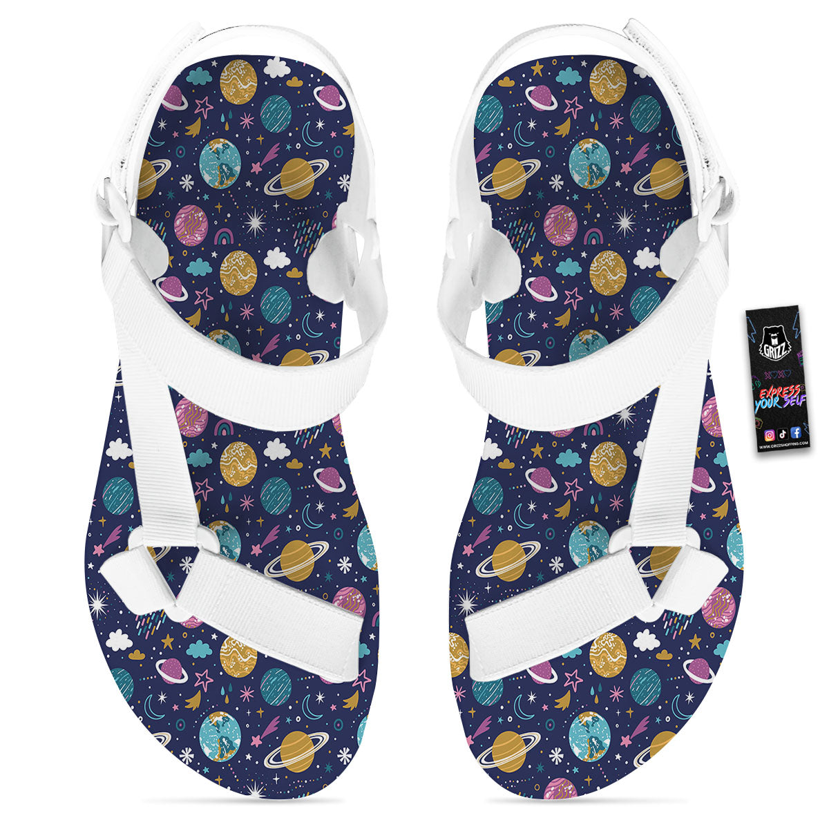 Planets Doodle Print Pattern White Open Toe Sandals-grizzshop