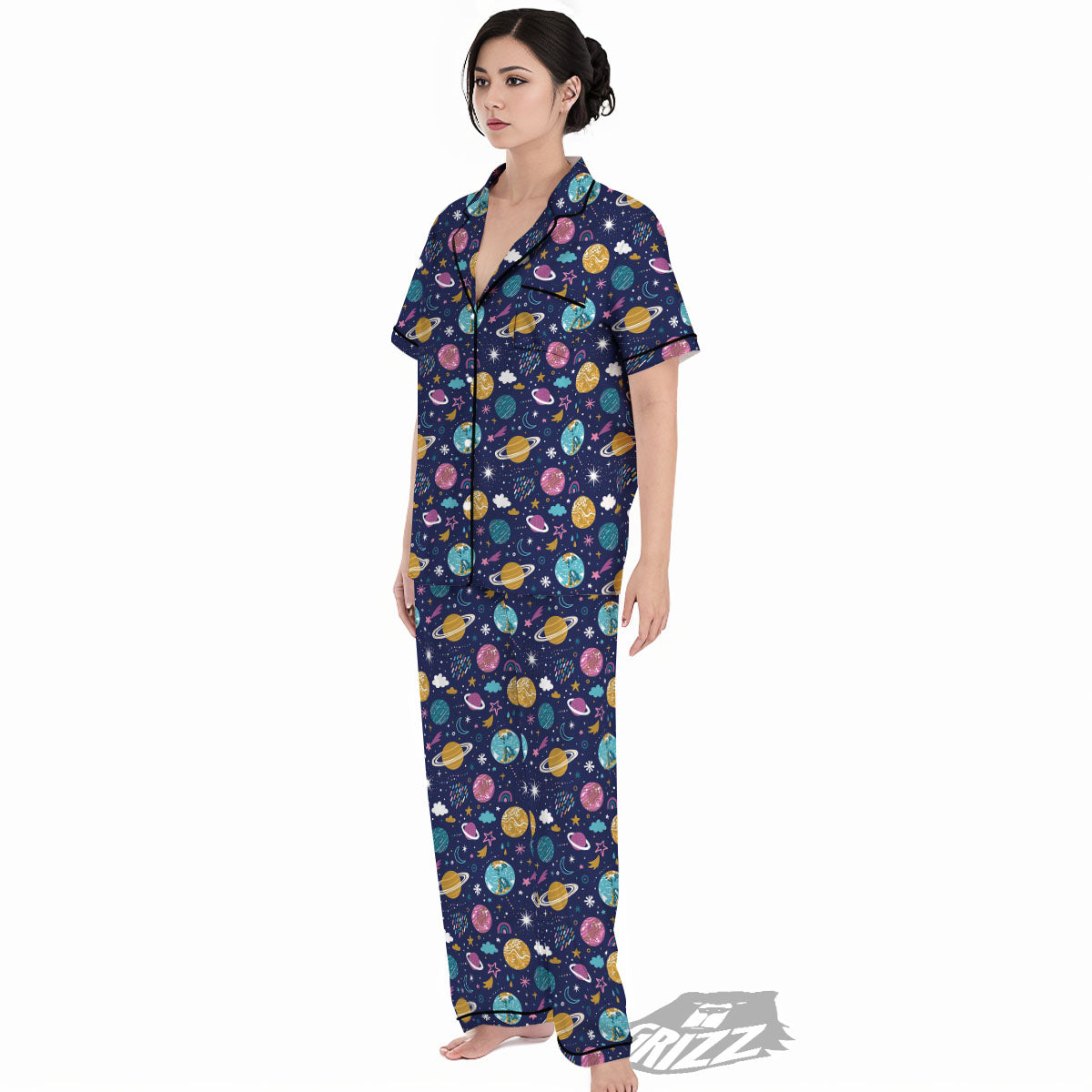 Planets Doodle Print Pattern Women's Pajamas Set-grizzshop