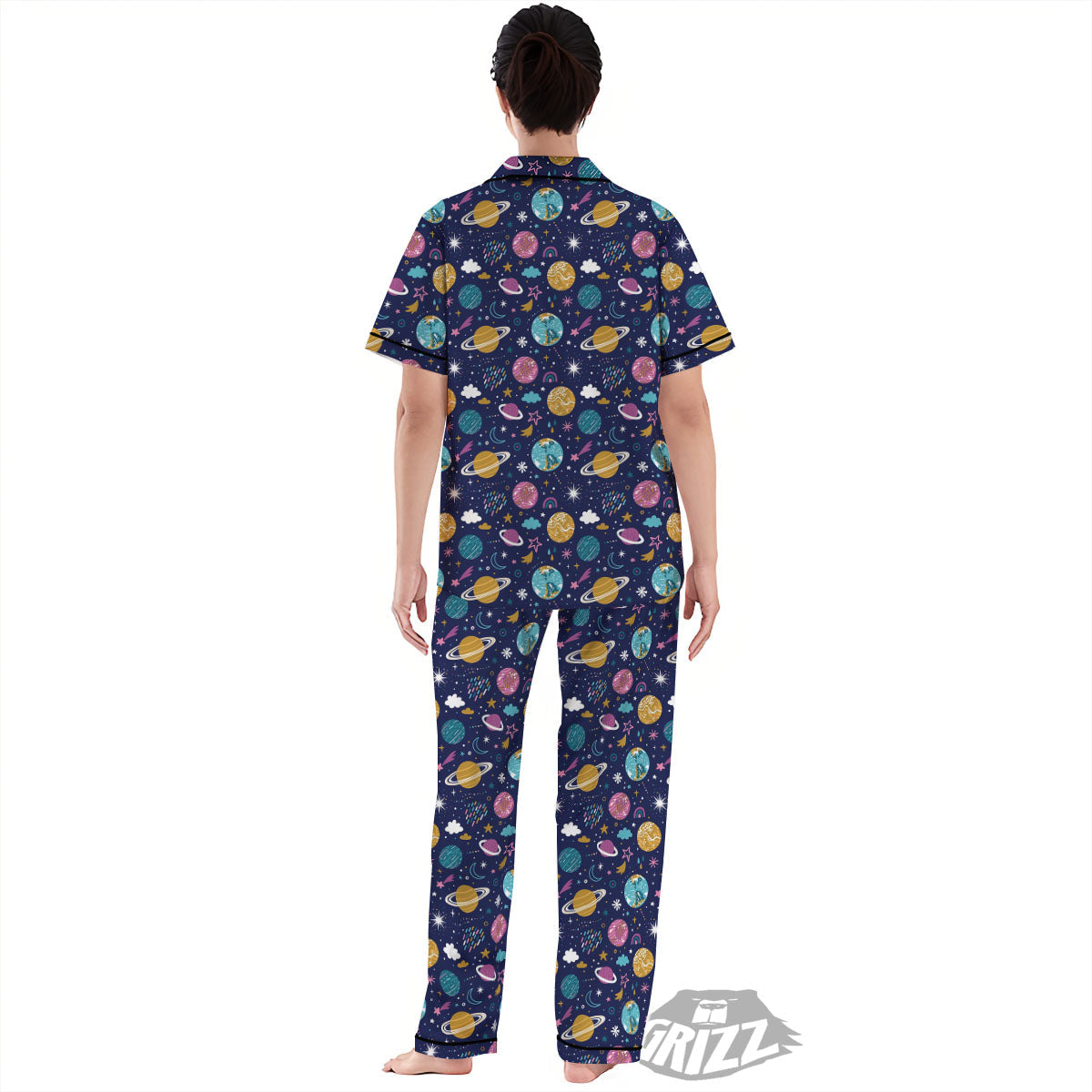Planets Doodle Print Pattern Women's Pajamas Set-grizzshop