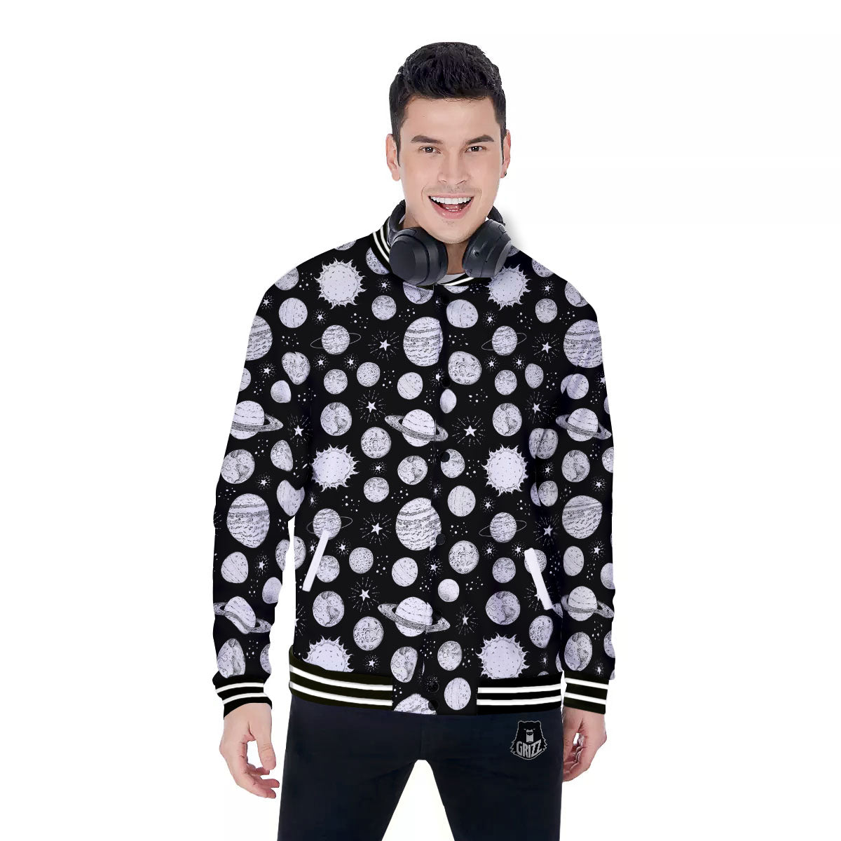 Planets White And Black Print Pattern Baseball Jacket-grizzshop