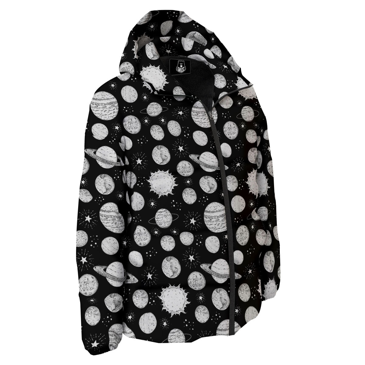 Planets White And Black Print Pattern Down Jacket-grizzshop
