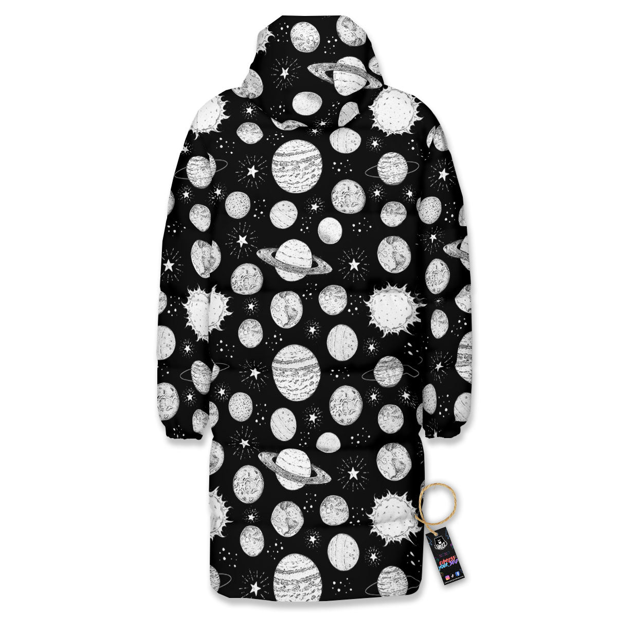 Planets White And Black Print Pattern Long Down Jacket-grizzshop