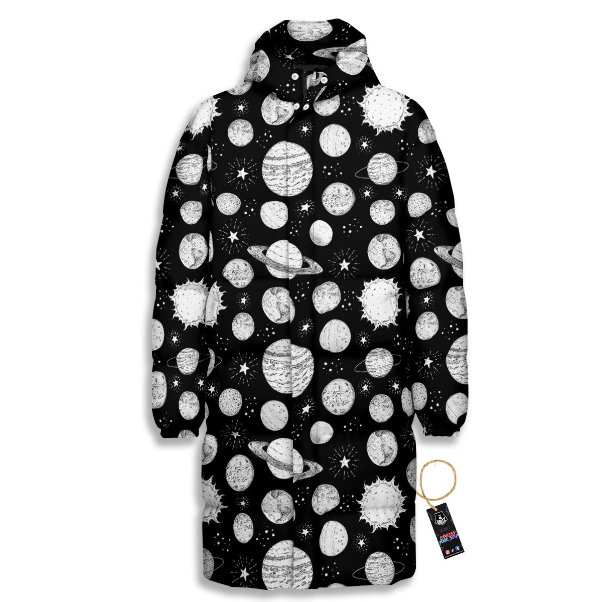 Planets White And Black Print Pattern Long Down Jacket-grizzshop