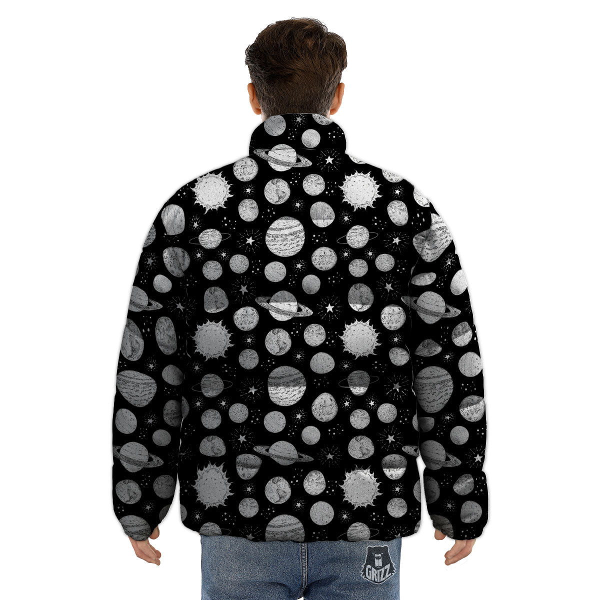 Planets White And Black Print Pattern Puffer Jacket-grizzshop