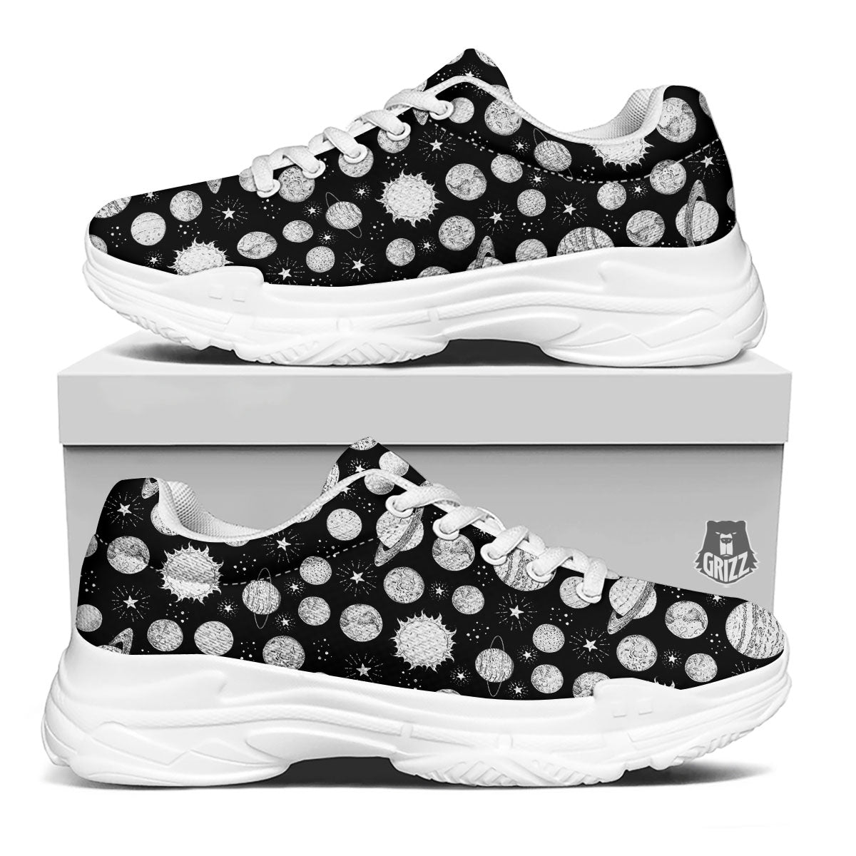 Planets White And Black Print Pattern White Chunky Shoes-grizzshop