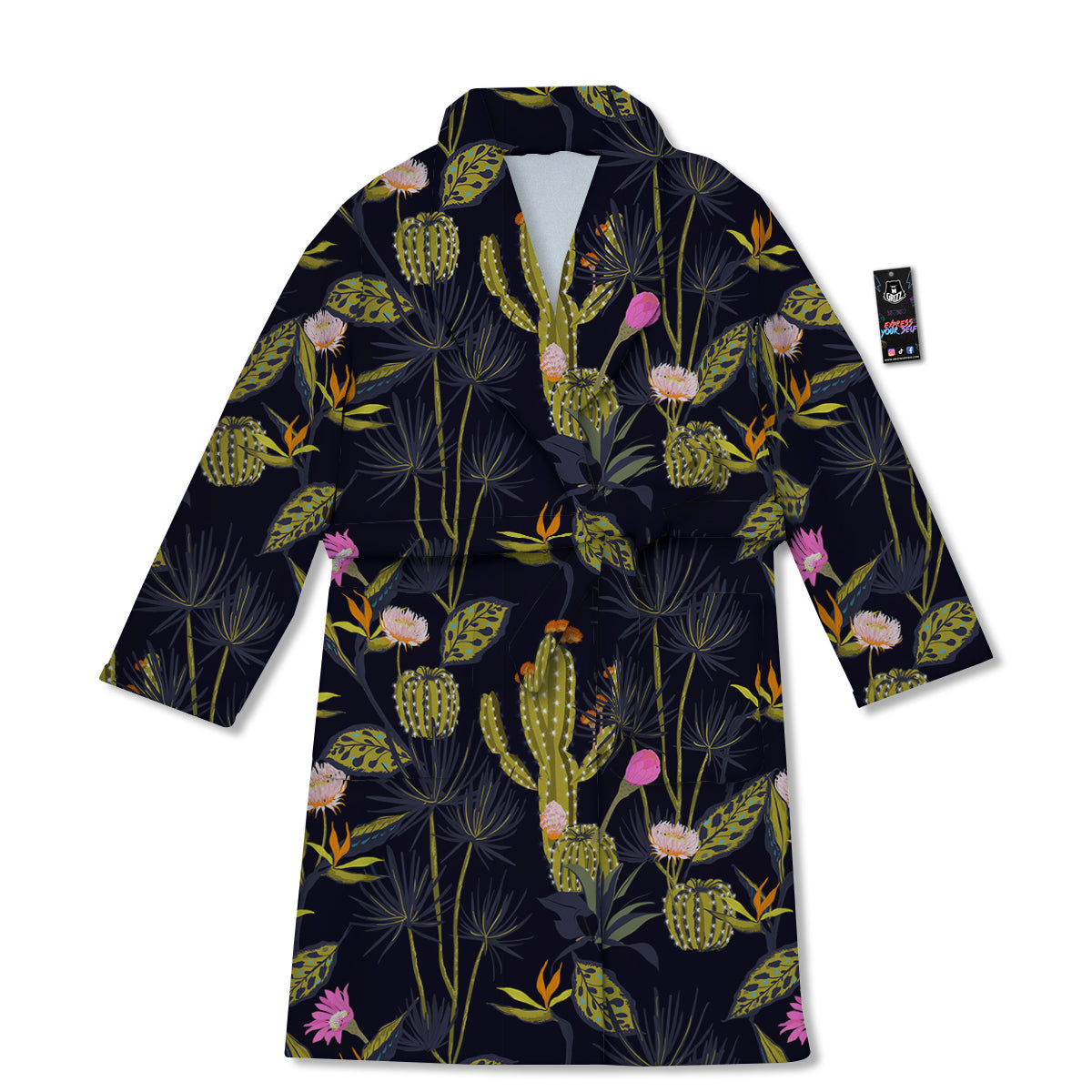 Plant Black Cactus Print Pattern Bathrobe-grizzshop