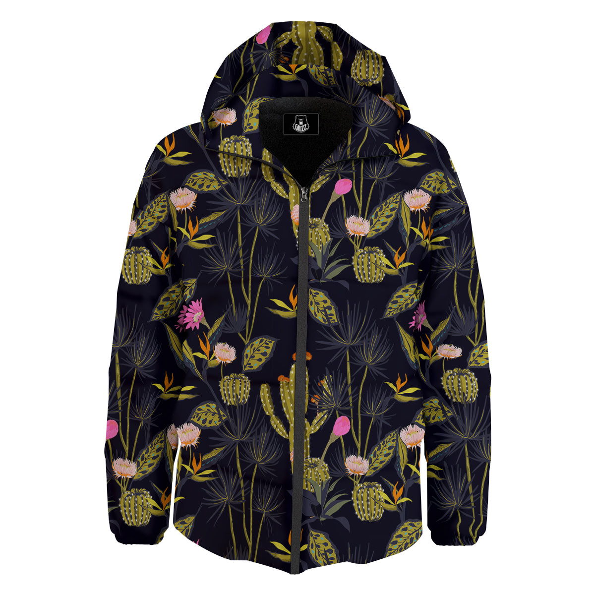 Plant Black Cactus Print Pattern Down Jacket-grizzshop