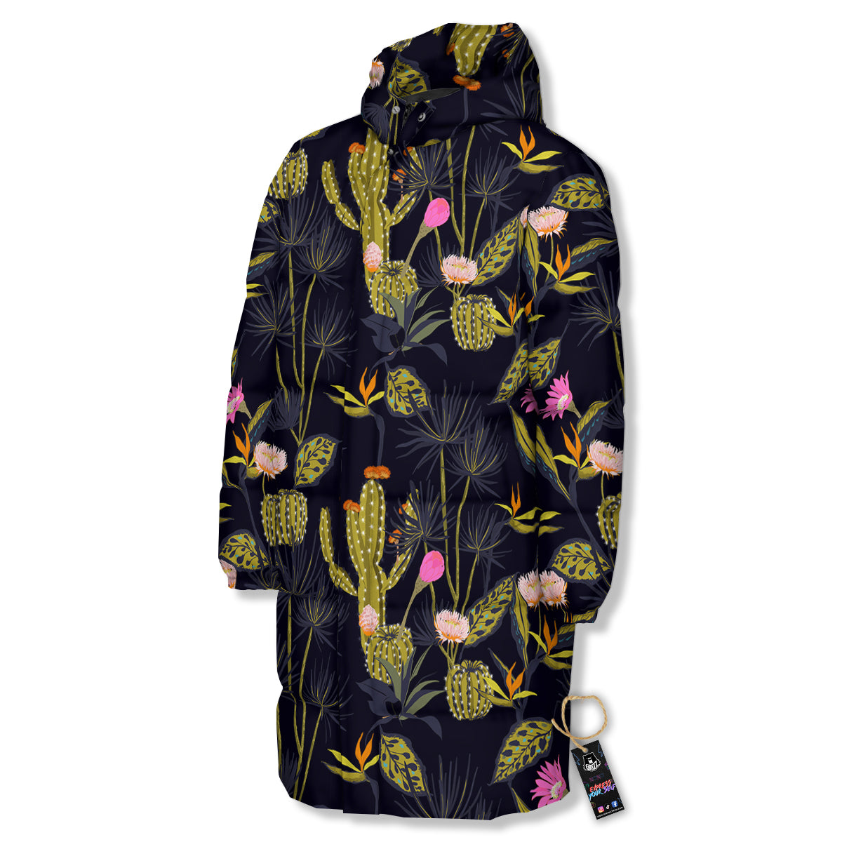 Plant Black Cactus Print Pattern Long Down Jacket-grizzshop
