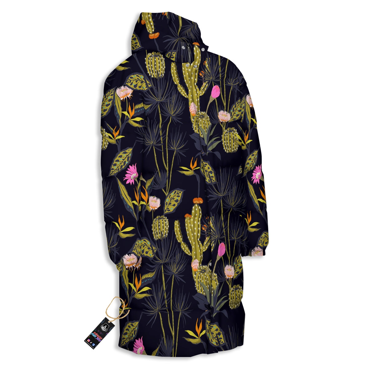 Plant Black Cactus Print Pattern Long Down Jacket-grizzshop
