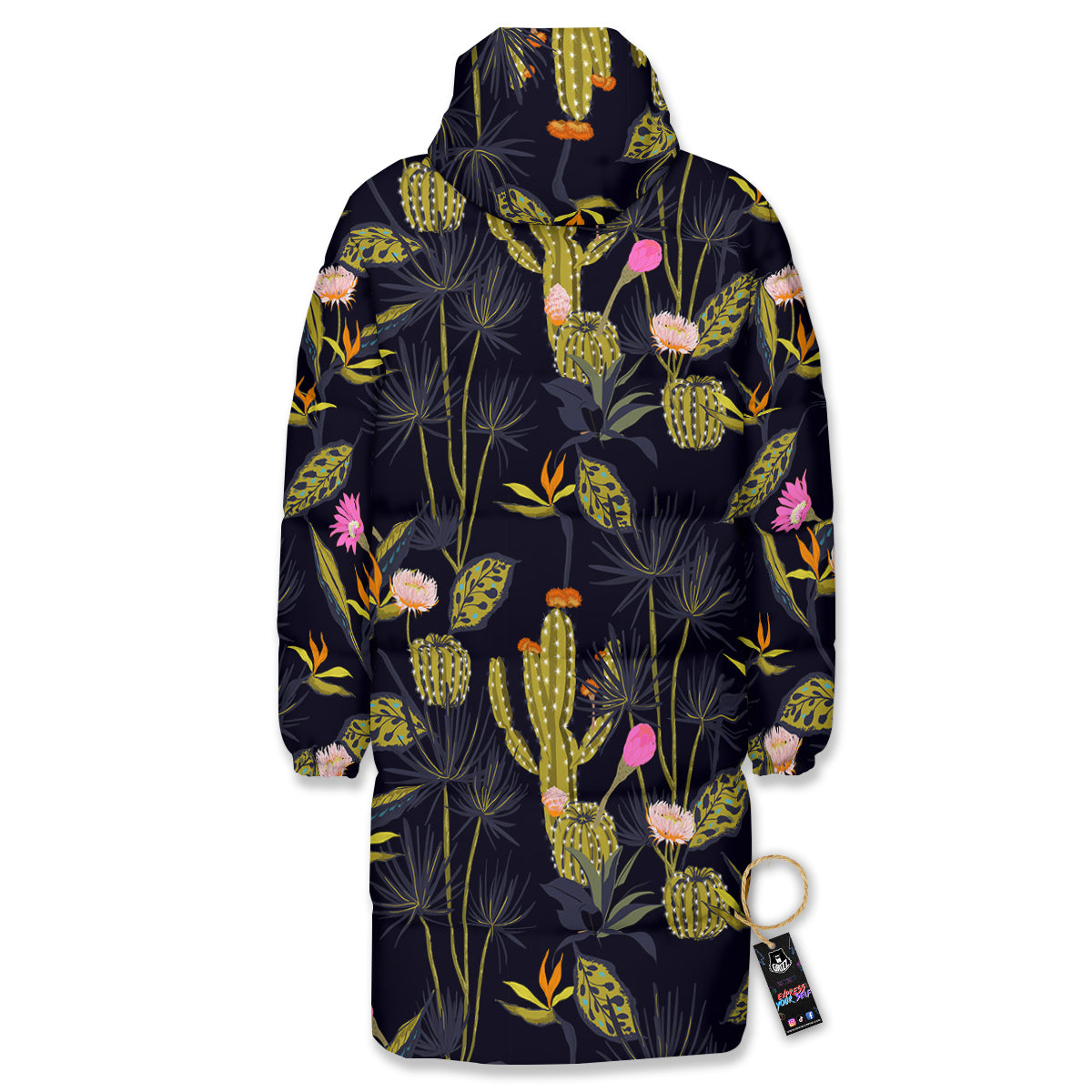 Plant Black Cactus Print Pattern Long Down Jacket-grizzshop