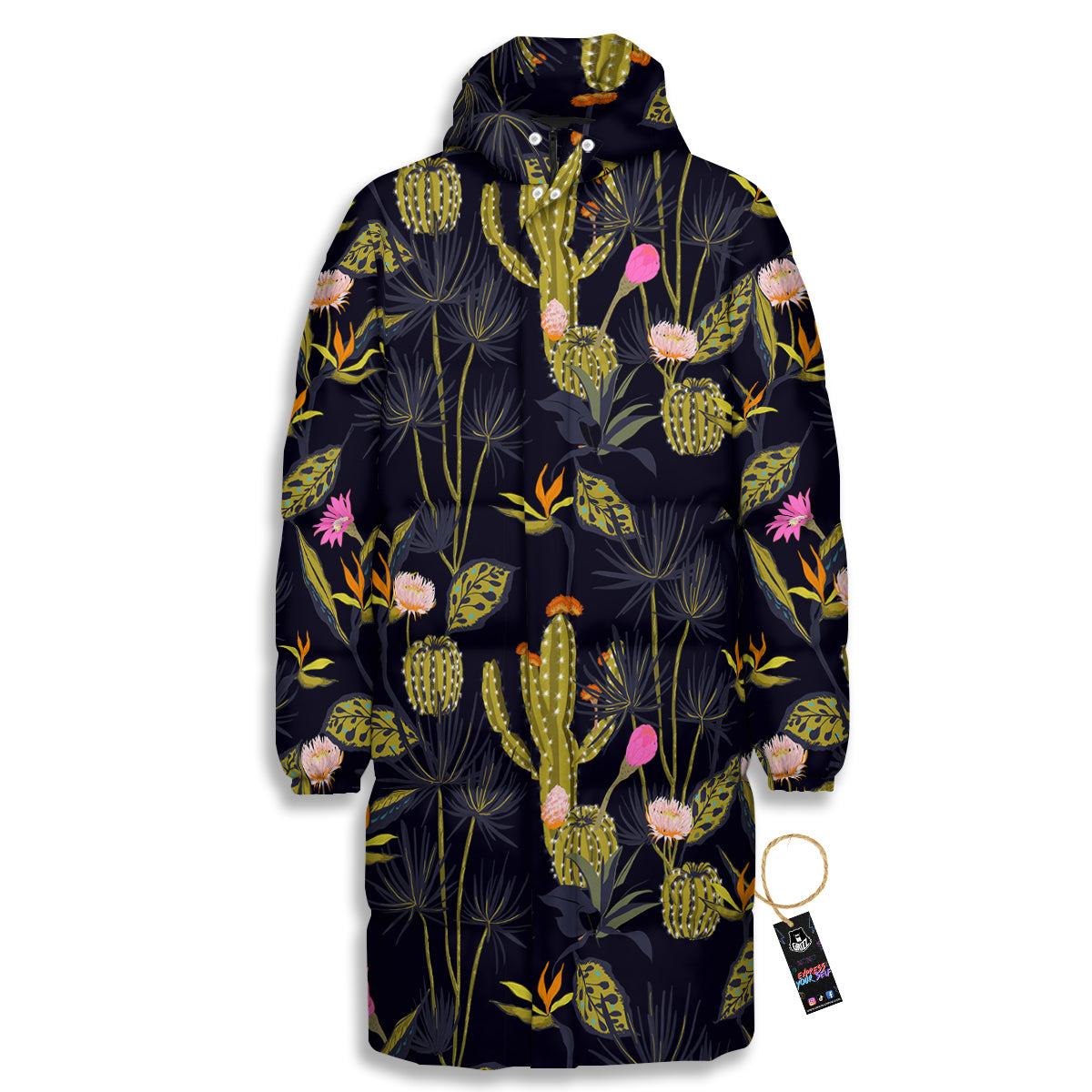 Plant Black Cactus Print Pattern Long Down Jacket-grizzshop