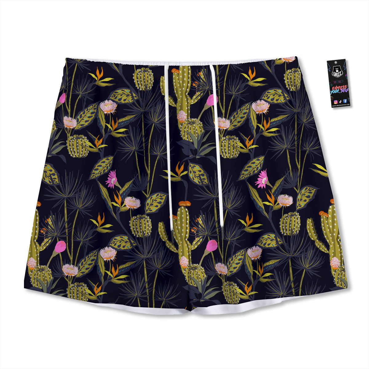 Plant Black Cactus Print Pattern Mesh Shorts