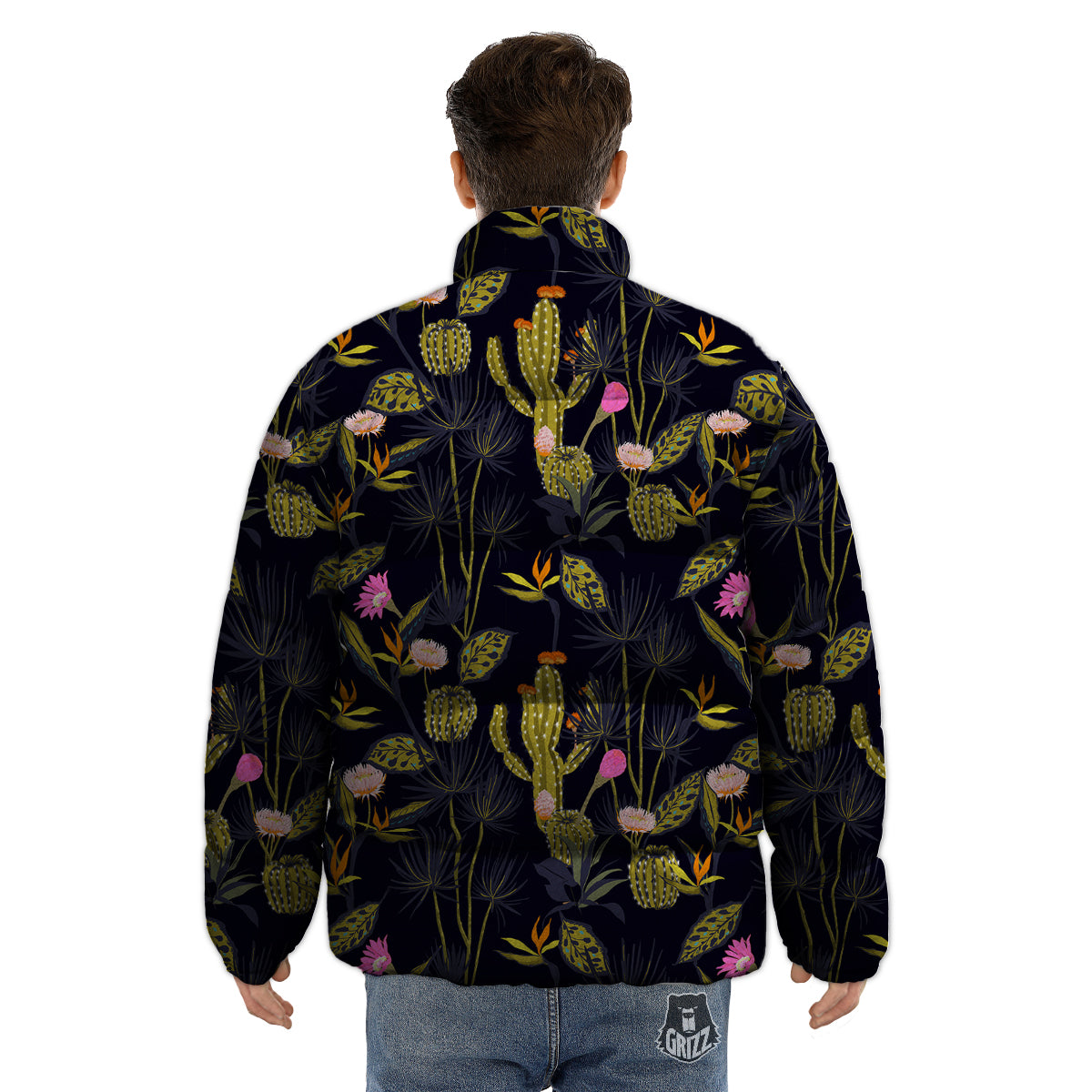 Plant Black Cactus Print Pattern Puffer Jacket-grizzshop