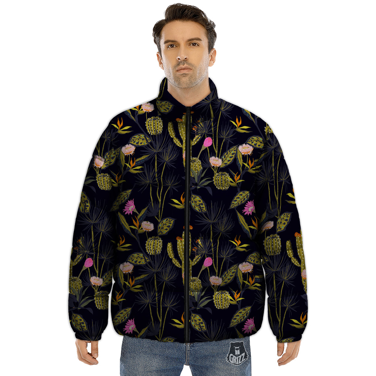 Plant Black Cactus Print Pattern Puffer Jacket-grizzshop