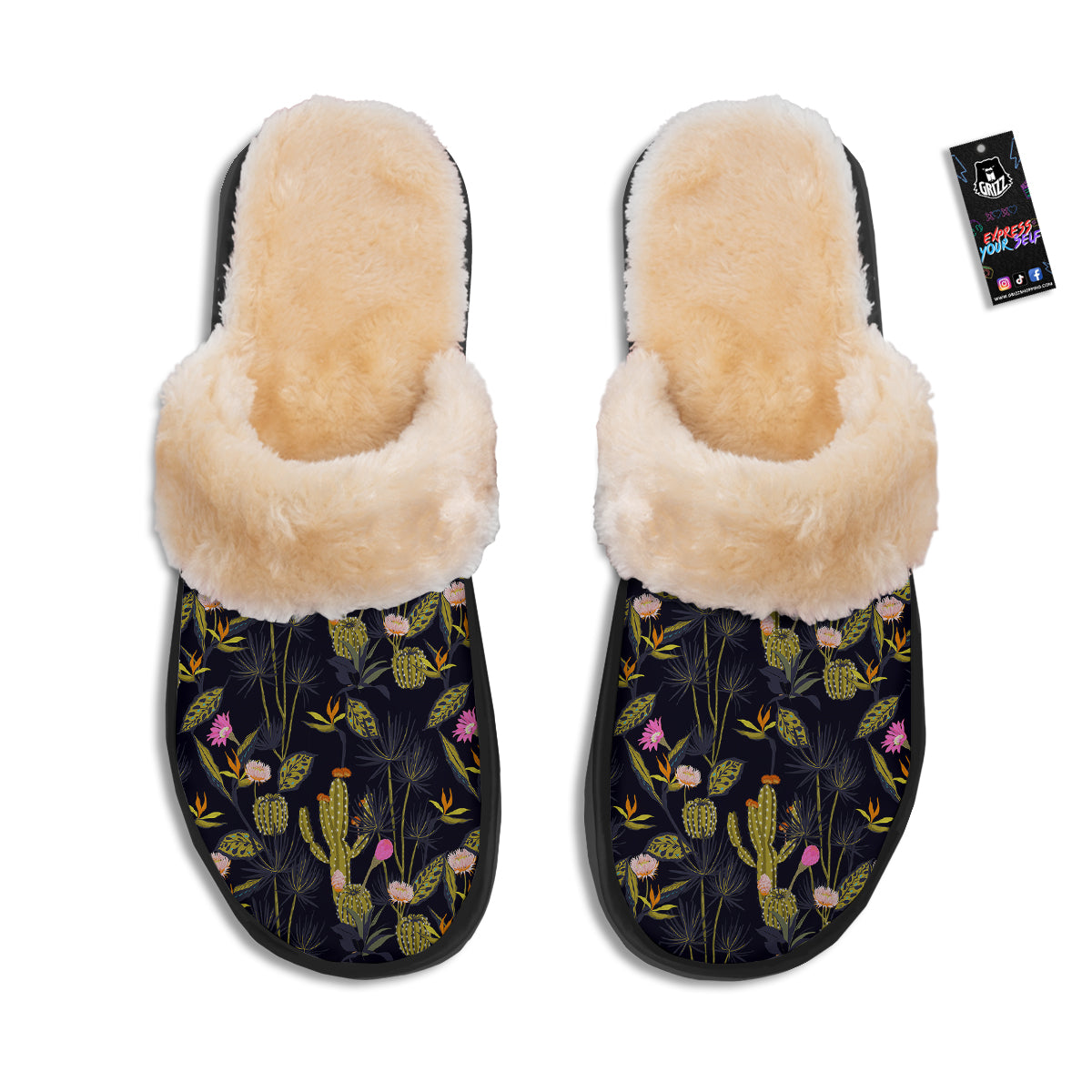 Plant Black Cactus Print Pattern Slippers-grizzshop