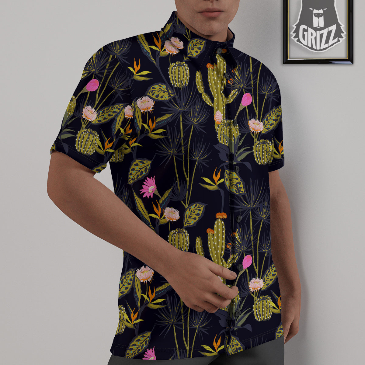 Plant Black Cactus Print Pattern Untucked Shirts-grizzshop