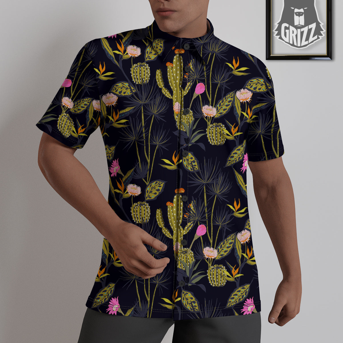 Plant Black Cactus Print Pattern Untucked Shirts-grizzshop