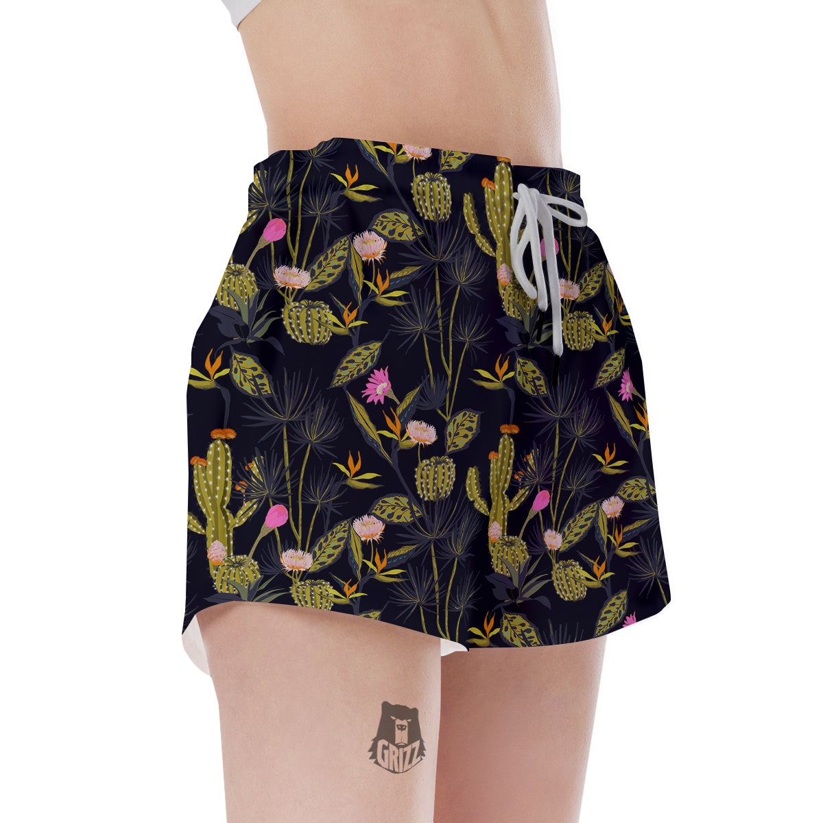 Plant Black Cactus Print Pattern Women's Shorts-grizzshop