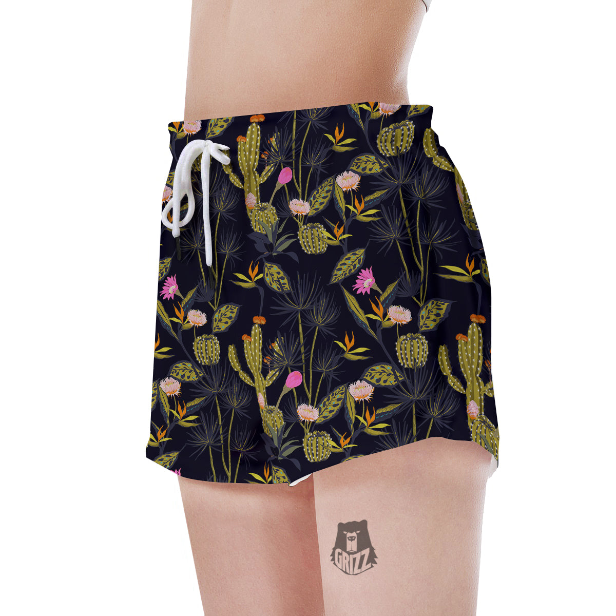 Plant Black Cactus Print Pattern Women's Shorts-grizzshop