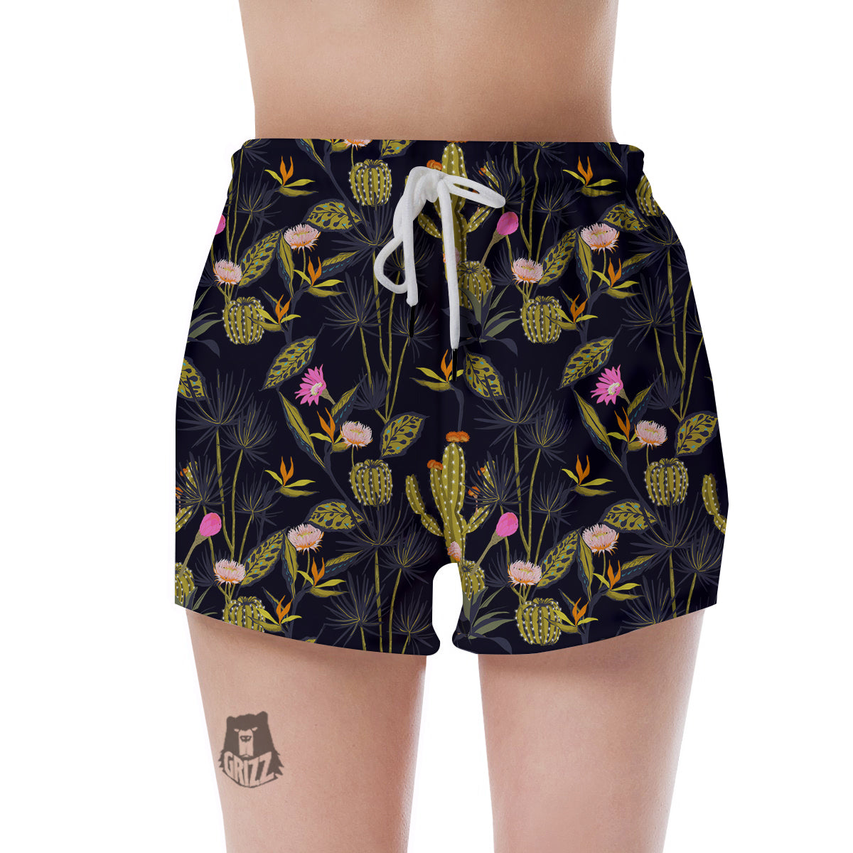 Plant Black Cactus Print Pattern Women's Shorts-grizzshop