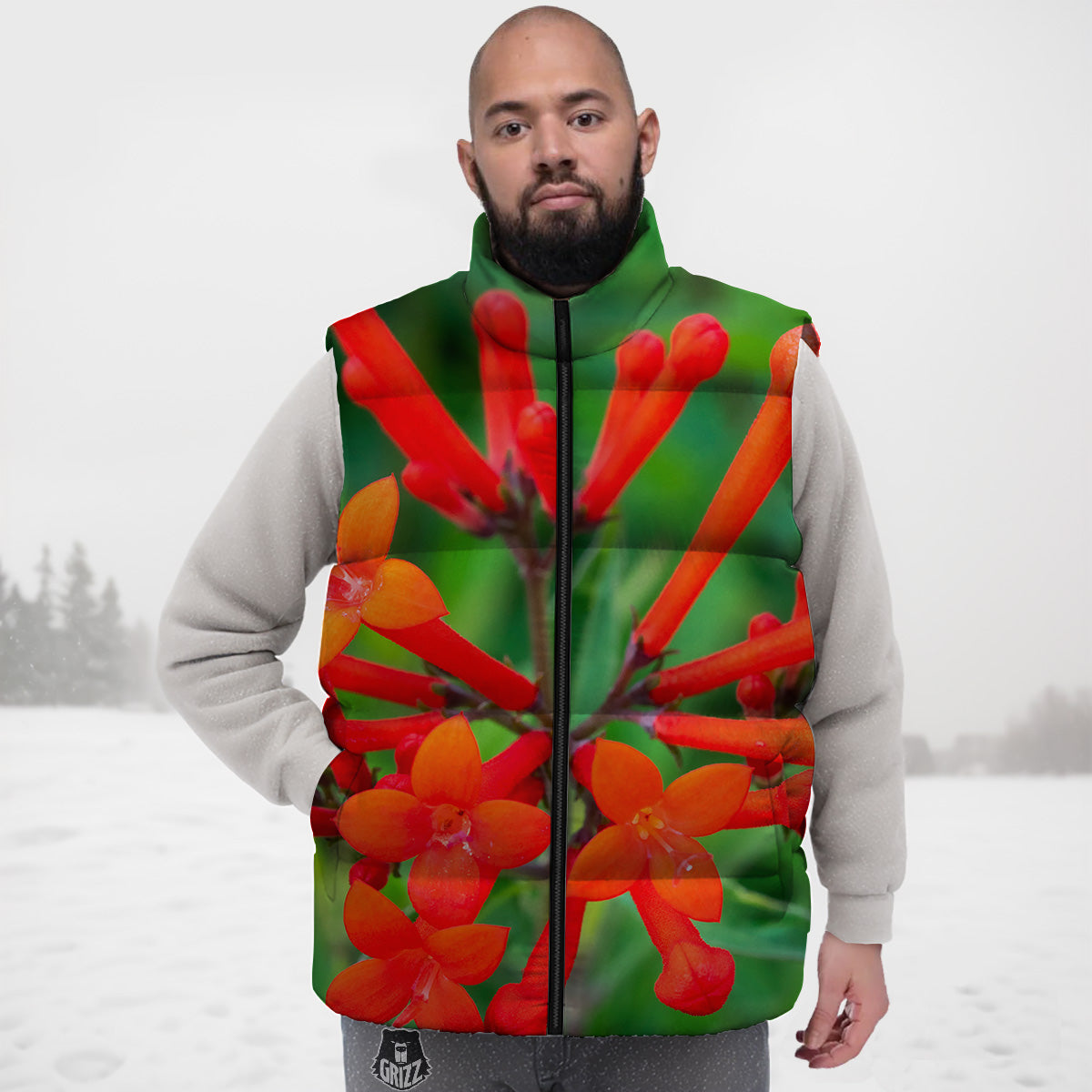 Plant Bouvardia Print Down Vest-grizzshop