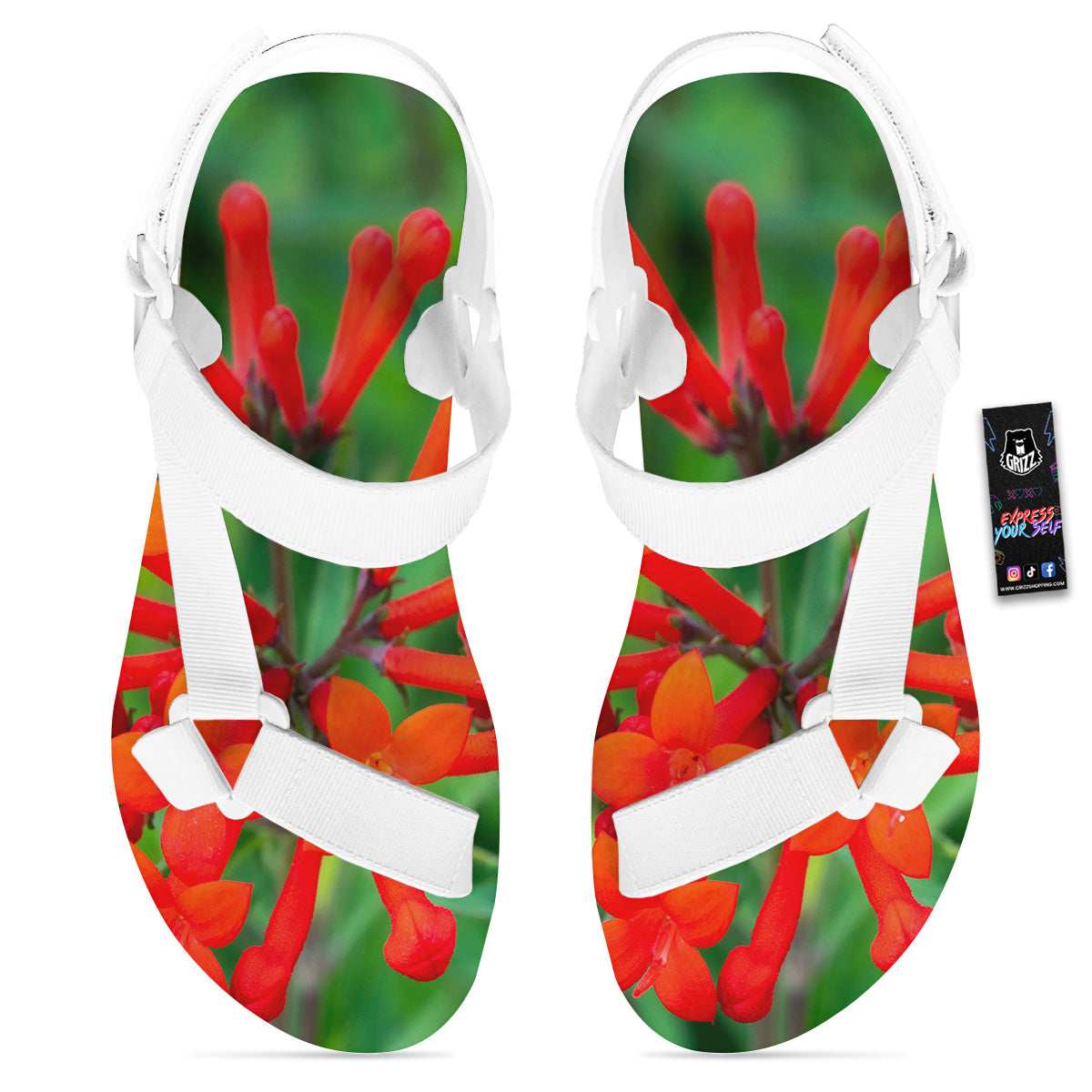 Plant Bouvardia Print White Open Toe Sandals-grizzshop