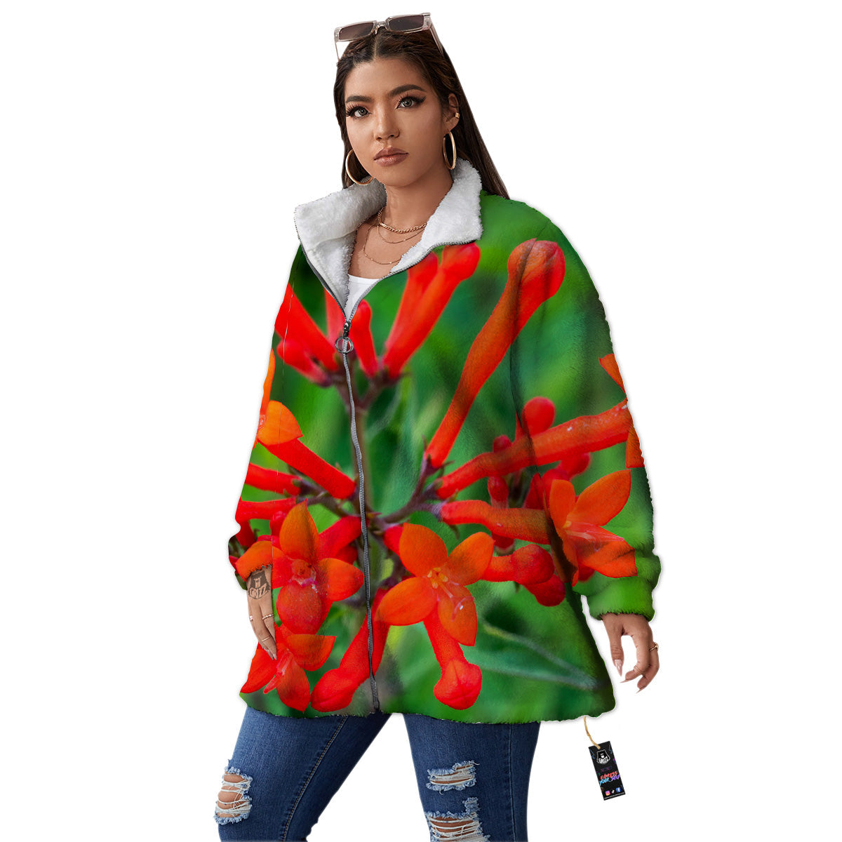 Plant Bouvardia Print Women's Sherpa Jacket-grizzshop